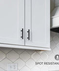 Professional Grade Matte Black Cabinet Pulls For Kitchens And Bathrooms Ultra Smooth Stainless Steel Drawer Handles installed on white cabinets.