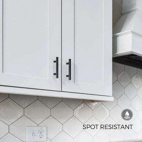 Professional Grade Matte Black Cabinet Pulls For Kitchens And Bathrooms Ultra Smooth Stainless Steel Drawer Handles installed on white cabinets.