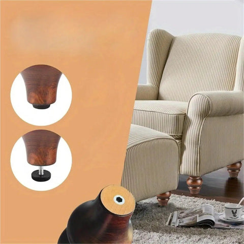 European Style Solid Wood Furniture Legs 4 Pack For Sofa Coffee Table TV Cabinet, shown under a striped armchair.