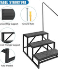 Heavy Duty Three Step RV Stair With Solid Handrail Steel Frame Rated For 600 LBS Load Capacity showing stable structure and support features.