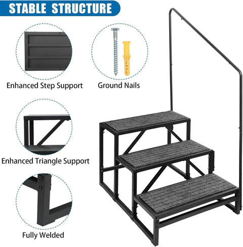 Heavy Duty Three Step RV Stair With Solid Handrail Steel Frame Rated For 600 LBS Load Capacity showing stable structure and support features.