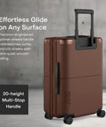 July carry-on expandable luggage in dark brown with 4 spinner wheels and a 20-height multi-stop handle