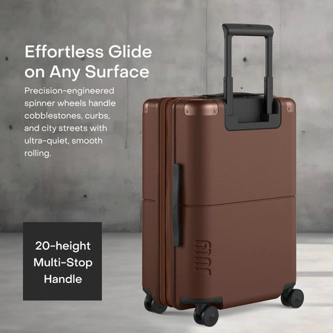 July carry-on expandable luggage in dark brown with 4 spinner wheels and a 20-height multi-stop handle