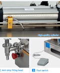 Slick Horizontal Pneumatic Bottle Filler And Liquid Paste Filling Machine With Straight Up Reliable Operation, 40L Hopper Size, Stainless Steel Frame, And Hella Accurate Dosing For Lotions Shampoos Honey And Massage Oils showing high-quality cylinder and anti-drip filling head.