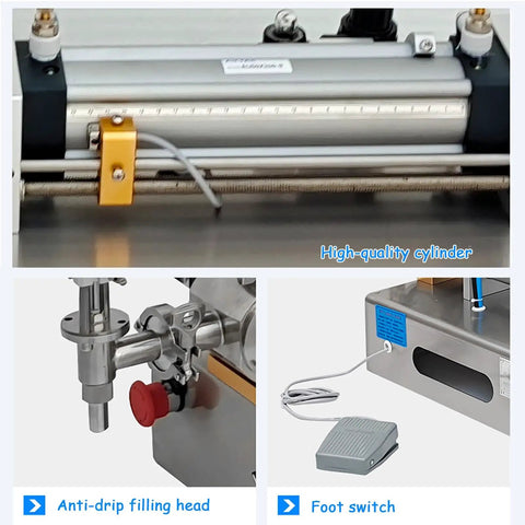 Slick Horizontal Pneumatic Bottle Filler And Liquid Paste Filling Machine With Straight Up Reliable Operation, 40L Hopper Size, Stainless Steel Frame, And Hella Accurate Dosing For Lotions Shampoos Honey And Massage Oils showing high-quality cylinder and anti-drip filling head.