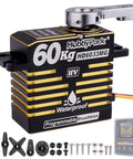 Waterproof High Torque Servo With Brushless Motor And Digital Control For 1/8, 1/10, 1/12 RC Crawlers, Trucks, Buggy And Robotic DIY Projects, Metal Gear, 8.4V HV Programmable, 60KG Torque, 828 Oz In, 180 Degrees shown with accessories and packaging