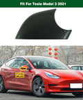 Premium Black Right Side Rearview Mirror Lower Cover Cap And Bottom Tray Fit For Tesla Model 3 2017 To 2021 shown against a red car.