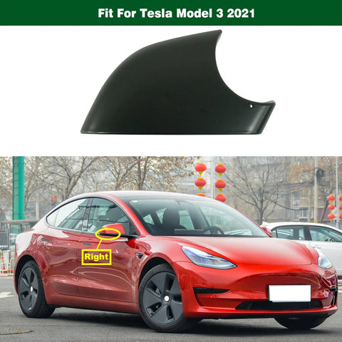 Premium Black Right Side Rearview Mirror Lower Cover Cap And Bottom Tray Fit For Tesla Model 3 2017 To 2021 shown against a red car.