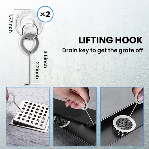 Slick Steel Shower Drain Hook With Soft Silicone Grips And Easy Pull Strip Feature For Hassle Free Drain Cover Removal Plus Linear Grate Extraction In No Sweat Bathroom Set Gray shown lifting the drain grate.
