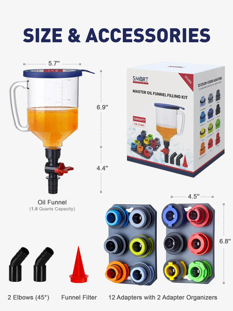 Engine Oil Funnel Kit With Spill Proof Design And Flow Control Valve For Easy Mess Free Oil Changes, Premium Polycarbonate Construction, Large Capacity Auto Maintenance Tool featuring 12 adapters and accessories.