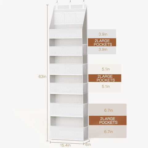 Six Shelf Over The Door Fabric Organizer Thickened Non Woven Hanging Storage dimensions 63in x 15.4in x 6in with pockets.
