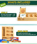 Detail of Slick Bamboo Kitchen Drawer Organizer With Plastic Wrap Dispenser And Foil Cutter, showing size dimensions and bag slots.