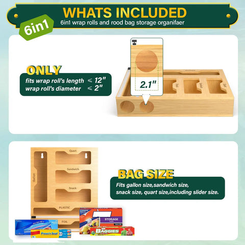 Detail of Slick Bamboo Kitchen Drawer Organizer With Plastic Wrap Dispenser And Foil Cutter, showing size dimensions and bag slots.