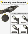 Switchable 200W 220W 240W LED Parking Lot Light with Arm & Slip Fitter, adjustable mount options for square, wall, and round poles