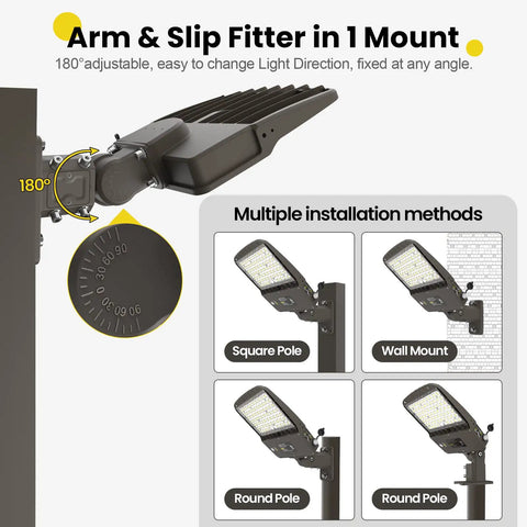 Switchable 200W 220W 240W LED Parking Lot Light with Arm & Slip Fitter, adjustable mount options for square, wall, and round poles