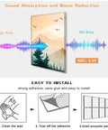 Peel And Stick Watercolor Mountain Forest Acoustic Panels showcasing sound absorption features and installation steps.