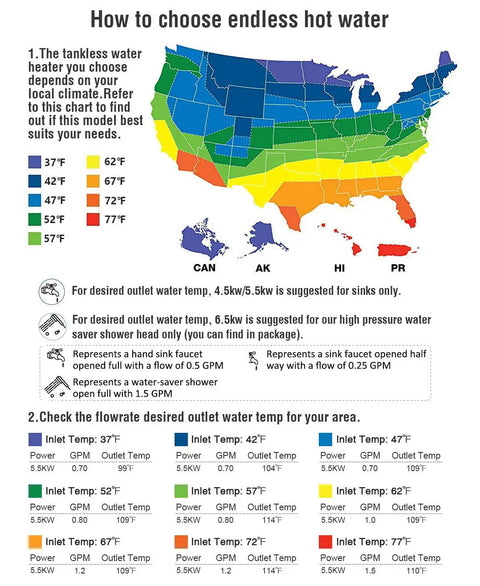 Chart for choosing Compact 6.5KW Tankless Electric Water Heater With Remote Control And Digital Display based on U.S. climate zones.