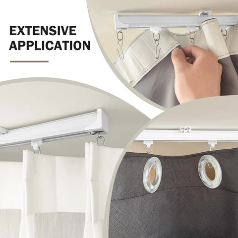 Heavy Duty Ceiling Curtain Track System With Wall Mount No Fuss Ultra Quiet Pulleys Aluminum Channel For Room Divider And Curtains Waterproof And Rust Resistant Smooth Glide Easy Install White Finish Fits 3 To 9 Feet, white ceiling track with curtain hooks