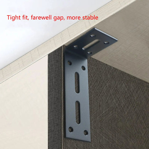 Heavy Duty L Bracket Shelf Mount in Cold Rolled Steel Wall Corner Brace installed on a wood surface showing tight fit.