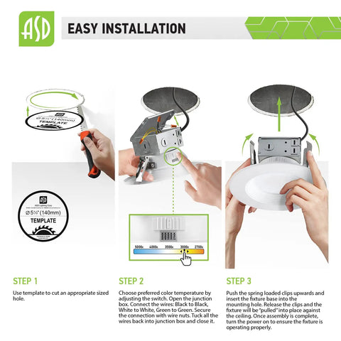 Step-by-step installation of 12 Pack 6 Inch LED Recessed Downlights With Integrated Junction Box 15W 1067 Lm 2700K To 5000K Dimmable Canless Wet Location IC Rated Ultra Thin UL and Energy Star