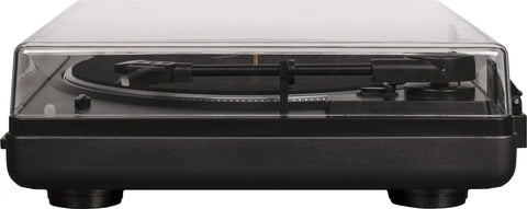 Crosley T400D Black Fully Automatic 2-Speed Turntable with sleek transparent dust cover and tonearm for vinyl enthusiasts.