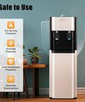 Dual Temperature Water Dispenser with fast cold and hot water, 5 gallon stainless steel cooler, bottom load, gold finish, home/office