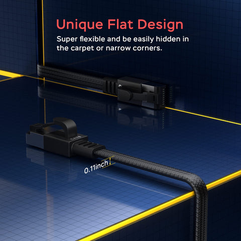 Cat 8 Ethernet Cable 50 Ft Ultra Fast 40Gbps 2000MHz Shielded SFTP RJ45 LAN Patch Cord placed on blue surface showing flat design.