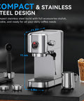 Compact 20 Bar Espresso Machine With Milk Frother Stainless Steel Coffee Maker For Cappuccino And Latte 42 Oz Water Tank Visible Pressure Gauge Ideal For Home And Office Use Silver, front view with accessories.