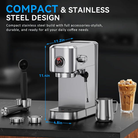 Compact 20 Bar Espresso Machine With Milk Frother Stainless Steel Coffee Maker For Cappuccino And Latte 42 Oz Water Tank Visible Pressure Gauge Ideal For Home And Office Use Silver, front view with accessories.