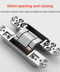 Heavy Duty 6 Inch Hidden Door Hinges 180 Degree Flush Mount Concealed Butt Hinge showing features and nylon pads for silent operation.