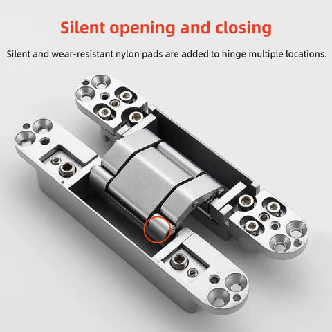 Heavy Duty 6 Inch Hidden Door Hinges 180 Degree Flush Mount Concealed Butt Hinge showing features and nylon pads for silent operation.