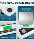 Practical design features of 10 Kg Capacity 0.1 g Resolution Digital Lab Scale With 13 Unit Modes For Precise Weighing And Counting In Jewelry, Gold, And Lab Work, CE Certified Electronic Balance With adjustable screws, stainless steel pan, backlit LCD, and level bubble.