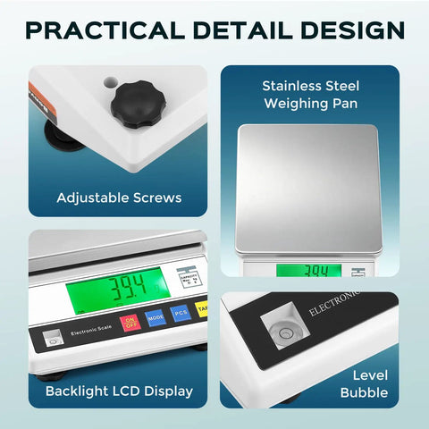 Practical design features of 10 Kg Capacity 0.1 g Resolution Digital Lab Scale With 13 Unit Modes For Precise Weighing And Counting In Jewelry, Gold, And Lab Work, CE Certified Electronic Balance With adjustable screws, stainless steel pan, backlit LCD, and level bubble.