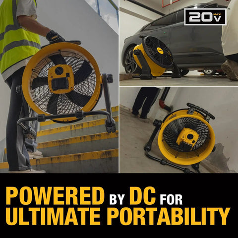Beefy Industrial High Velocity Floor Fan With AC DC Dual Power, 18 Inch Barrel, 270 Degree Tilt used in workshop settings