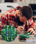 Resistor assortment kit on workbench; man soldering a green PCB, inset close-up of blue metal-film resistors.