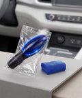 Two Pack 2026 Upgraded Fuel Saver Device For All Cars, packaged device with blue light, next to vehicle 12V socket