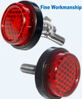 Red reflectors from Chrome Stainless Steel Motorcycle License Plate Frame With Red Reflectors And Rustproof Hardware Bolts And Nuts.