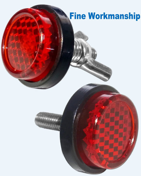 Red reflectors from Chrome Stainless Steel Motorcycle License Plate Frame With Red Reflectors And Rustproof Hardware Bolts And Nuts.