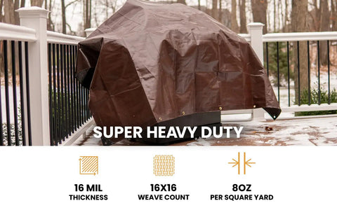 Heavy Duty Poly Tarp Cover 15x15 Ft With 16 Mil And 10 Mil Grommets covering outdoor furniture, reinforced edges visible.