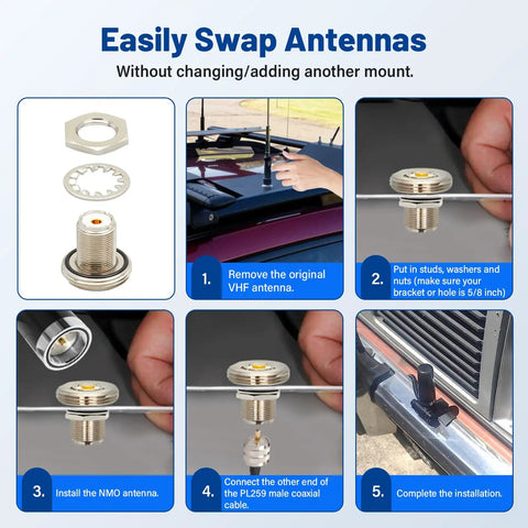 Installation steps for NMO To UHF SO239 Connector Adapter For VHF UHF Ham Radio Mobile Antenna Mount With Cover PL259 Short Type