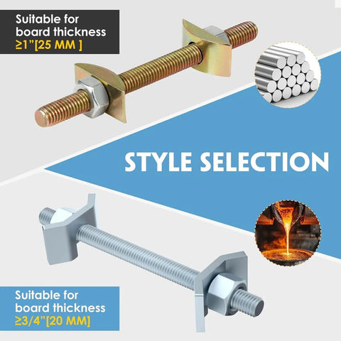Image showing two styles of DIY Friendly Countertop Miter Bolt Kit 5 Pack M8x100mm Draw Bolt Connector For Butcher Block Furniture Joints.
