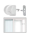 Two Way Sliding Door Safety Latch For Pool Safety Easy To Install Opens From Inside And Outside Childproof Lock Prevents Unwanted Outbound Door Access Pool Code Compliant In Many States Includes Disable Feature For Safe Nonuse shown from front and installed view on sliding door.