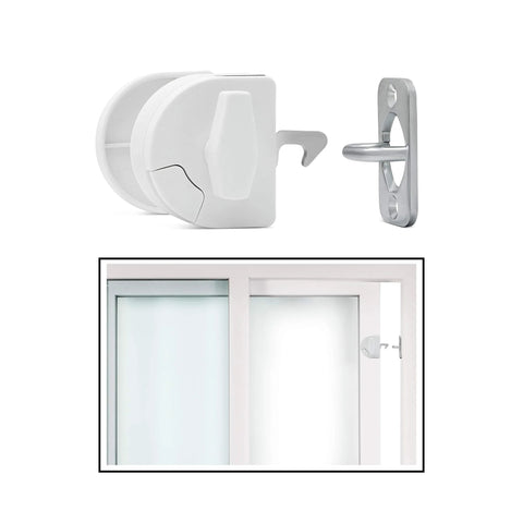 Two Way Sliding Door Safety Latch For Pool Safety Easy To Install Opens From Inside And Outside Childproof Lock Prevents Unwanted Outbound Door Access Pool Code Compliant In Many States Includes Disable Feature For Safe Nonuse shown from front and installed view on sliding door.