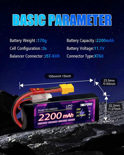 Twin Pack 11.1V 3S 2200mAh 35C LiPo Battery With XT60 Plug for FPV Drones Quadcopters RC Aircraft and Planes