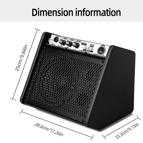 Plug And Play 20W Bluetooth Personal Monitor Amplifier For Electronic Drums And Keyboard USB Interface Dual 6.5 Inch Woofer And 2 Inch Tweeter For Warm Bass And Clear Treble Includes E Drum Noise Reduction Cable Black showing dimensions