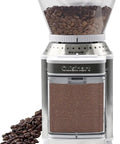 Electric Burr Coffee Grinder With One Touch Automation And Eighteen Position Grinding Dial For Hella Precise Fresh Beans with coffee beans.
