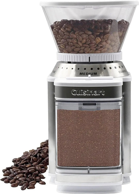 Electric Burr Coffee Grinder With One Touch Automation And Eighteen Position Grinding Dial For Hella Precise Fresh Beans with coffee beans.