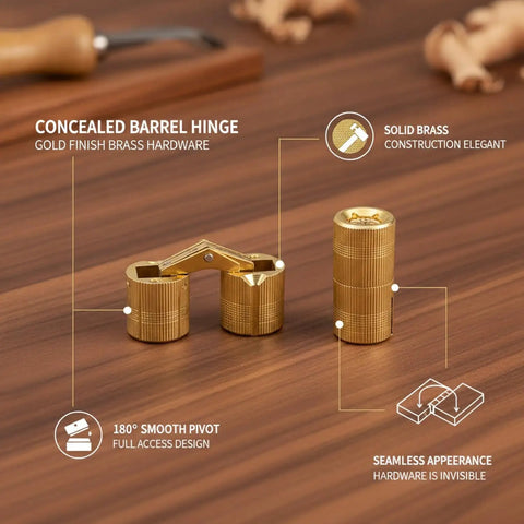 Hidden Barrel Hinge With Gold Finish Brass Hardware For Flip Top Lids And Furniture Doors Inside Mounted 180 Degree Pivot