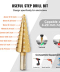Step drill bit with size increments from 4mm to 20mm, compatible with cordless, electric hand, and bench drills, for versatile hole cutting.