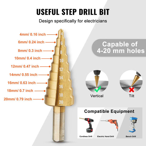 Step drill bit with size increments from 4mm to 20mm, compatible with cordless, electric hand, and bench drills, for versatile hole cutting.